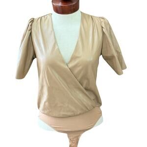 Buddy Love Faux Leather Bodysuit V-Neck Puff Sleeve XS EUC Tan Boutique